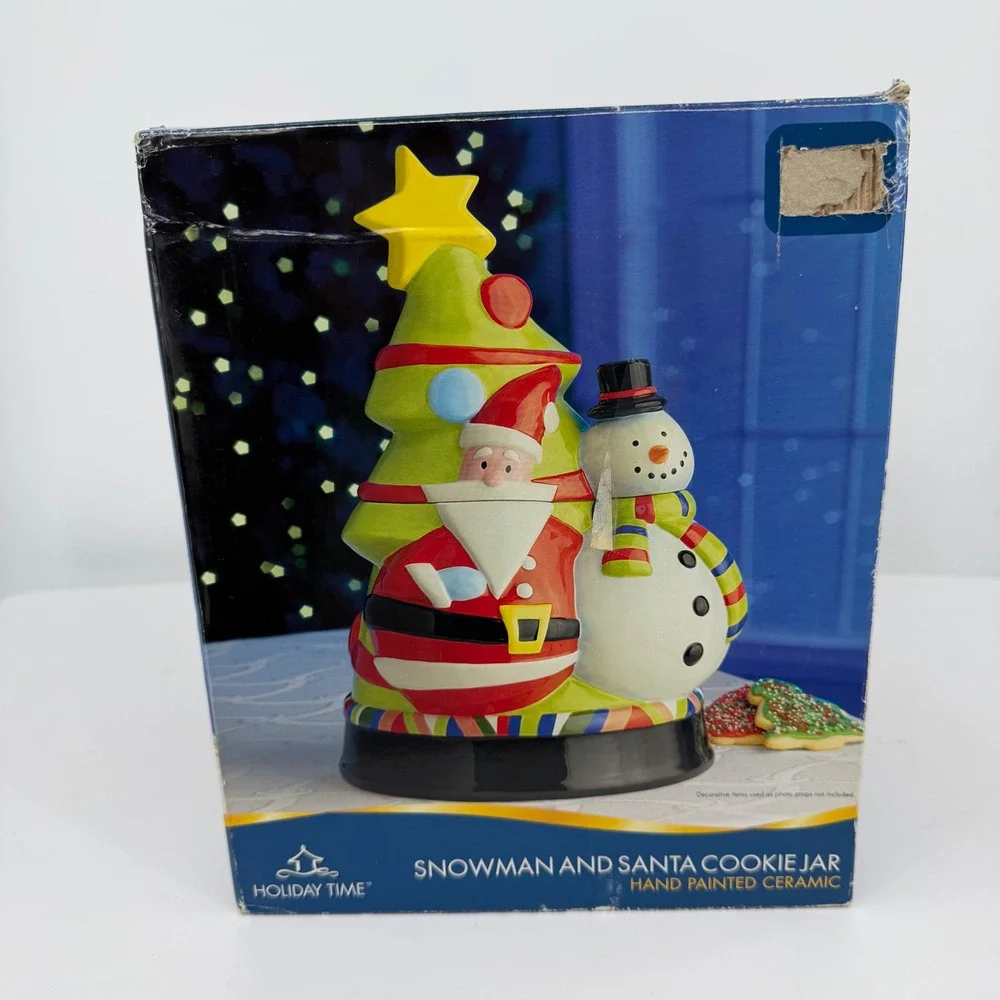 Christmas Cookie Jar Santa Snowman Christmas Tree Ceramic Holiday Decor 10.75in